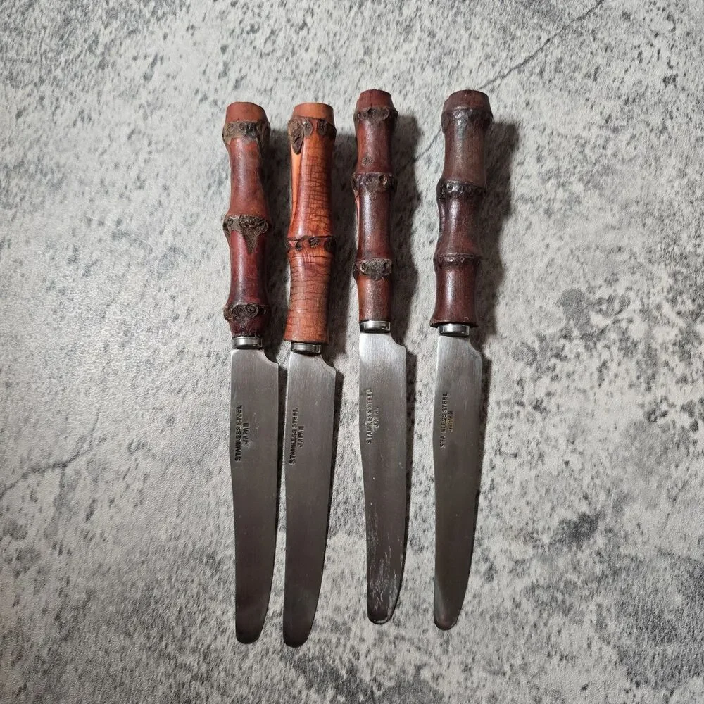 Bamboo Handle Cutlery Knifes Stainless Seki Hamonockk 4pcs Japan MCM Mid Century